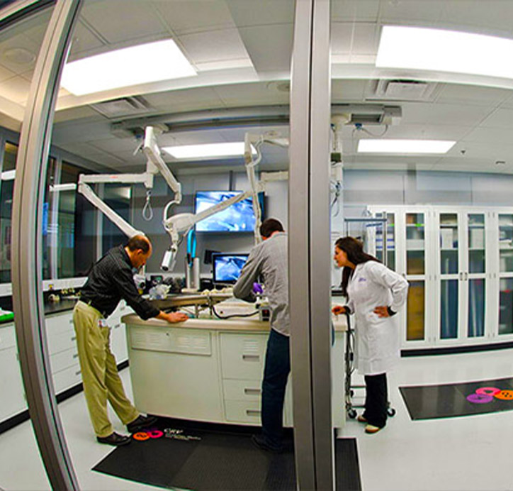 three medical professionals performing task in medical lab 